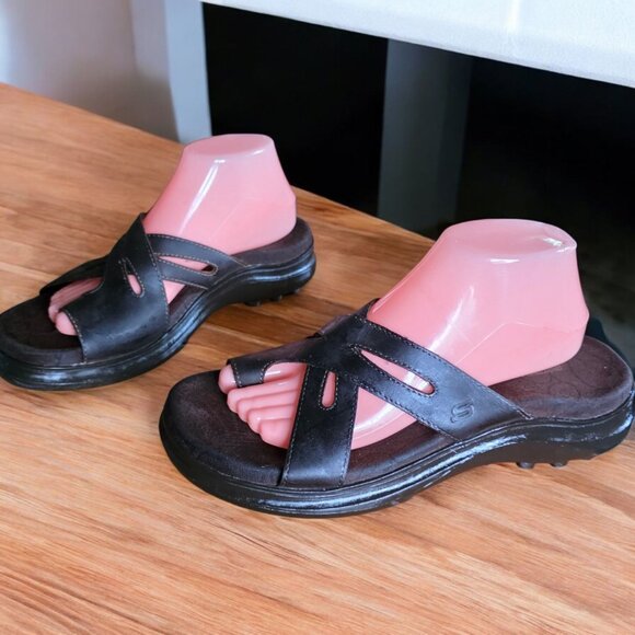 VINTAGE SKECHERS (10) SN46150 90'S Y2K Black/Brown Leather Upper Slip In Sandals - Picture 1 of 10